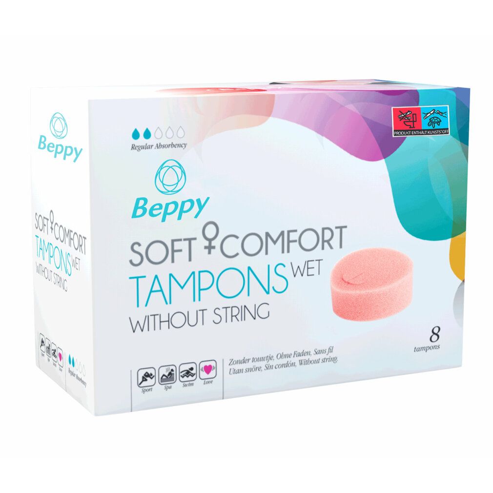 Verpackung von Beppy Soft Comfort Tampons Wet ohne Faden. Enthält 8 Tampons. Aufdruck: Regular Absorbency.