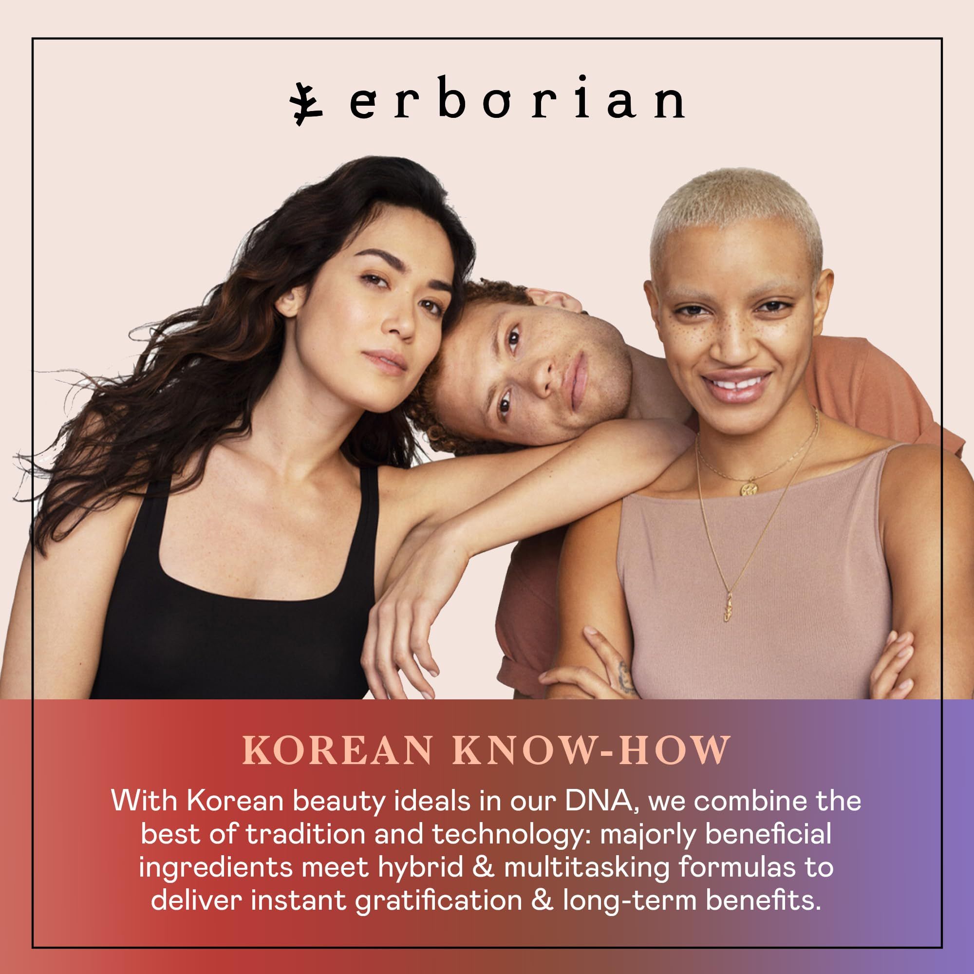 Drei Personen, die sich anlehnen. Text: 'Korean Know-How' und 'erborian'. Hintergrund in Rot-Violett-Tönen.