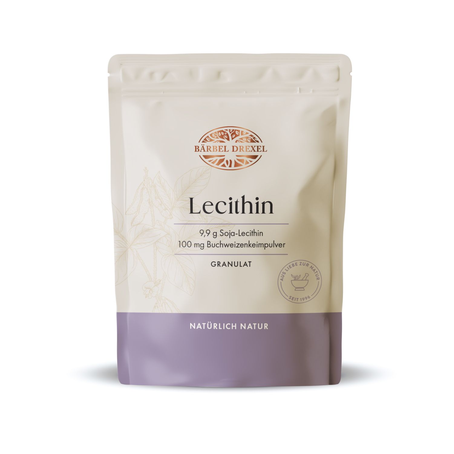 Beutel mit Bärbel Drexel Lecithin Granulat. Weiß-lila Verpackung, Produktname und Logo sichtbar.