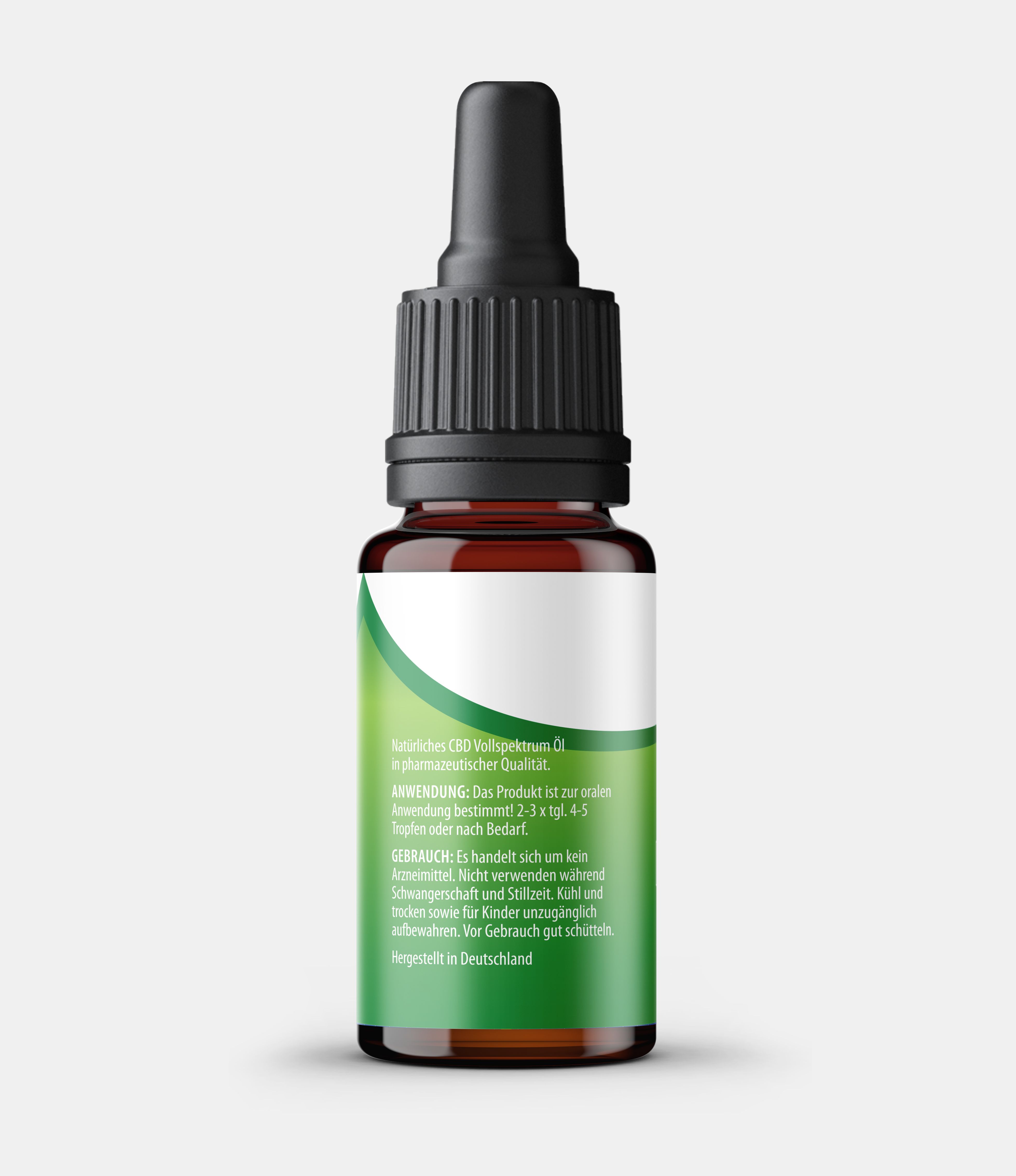 Braune Glasflasche mit schwarzem Tropfer. Grün-weißes Etikett mit Text. Naturreines CBD-Öl.