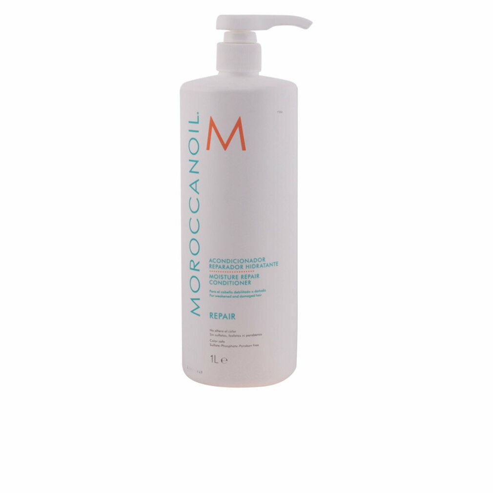 Weiße Flasche mit Pumpe. Aufschrift: Moroccanoil, M-Logo, Conditioner, Repair. Text in Spanisch. Orangefarbener Aufkleber.