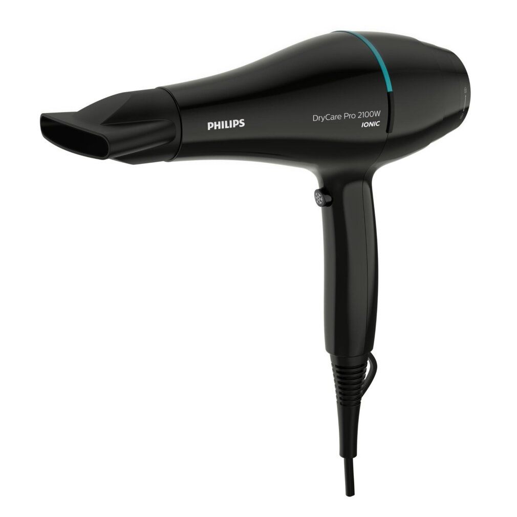 Schwarzer Haartrockner mit blauem Akzent. Marke Philips, Modell DryCare Pro 2100W. Mit Ionen-Technologie.