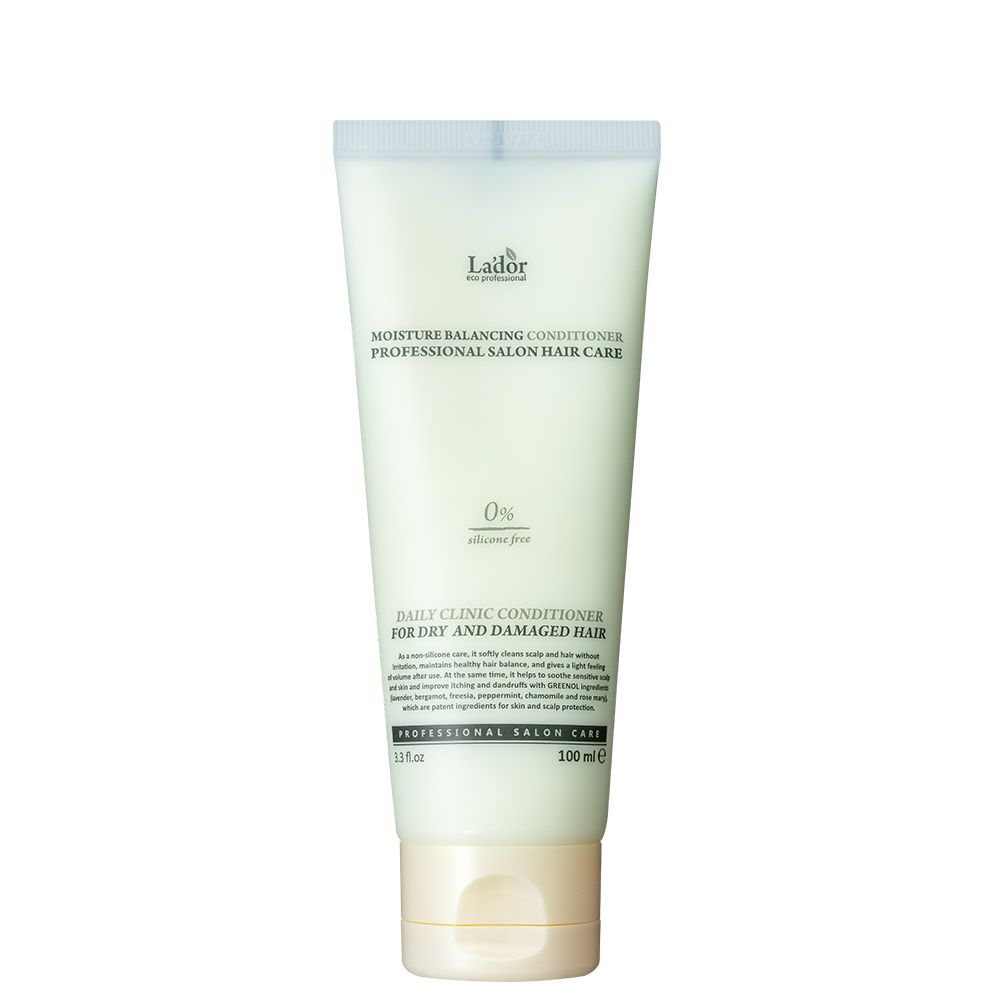 Weiße Tube mit Conditioner für trockenes und geschädigtes Haar. Enthält 0% Silikone.