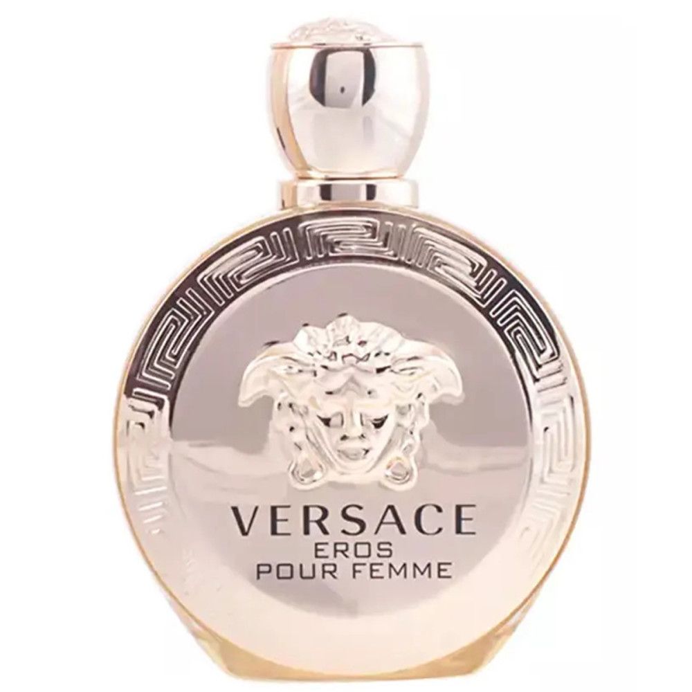 Silberfarbener Flakon. Aufschrift: VERSACE EROS POUR FEMME. Silberner Deckel.
