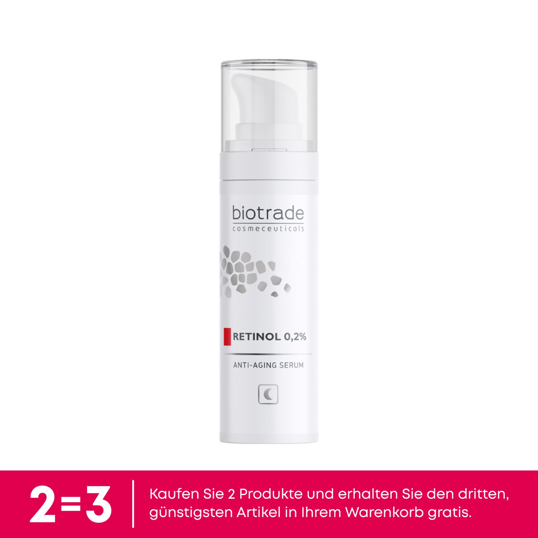 Weißes Serum mit Pumpverschluss. Aufschrift: Biotrade, Retinol 0,2%, Anti-Aging Serum. Text: Kaufen Sie 2 Produkte, erhalten Sie 3.