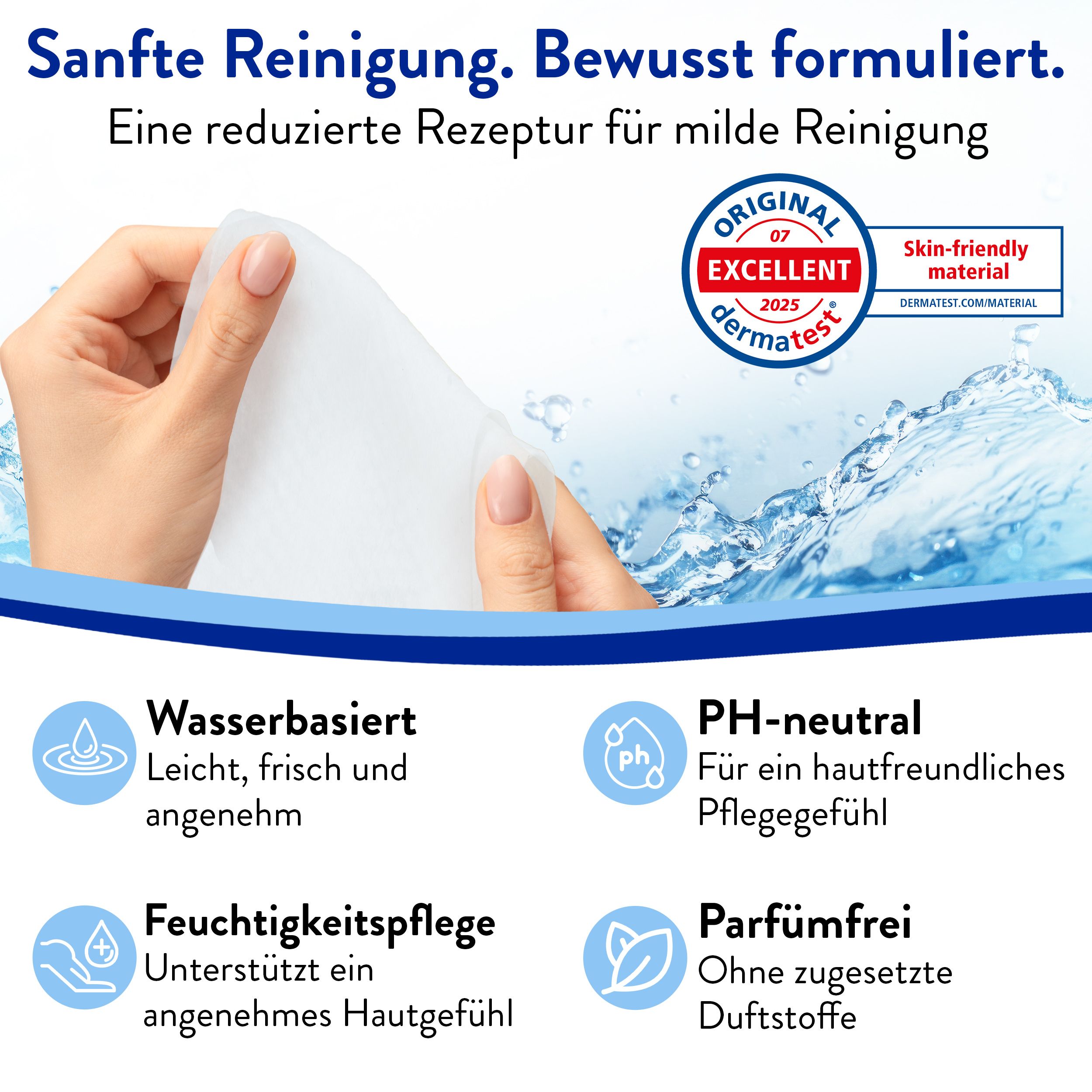 Nahaufnahme einer Hand, die ein Harmony Care® Feuchttuch hält; dermatologisch getestet.