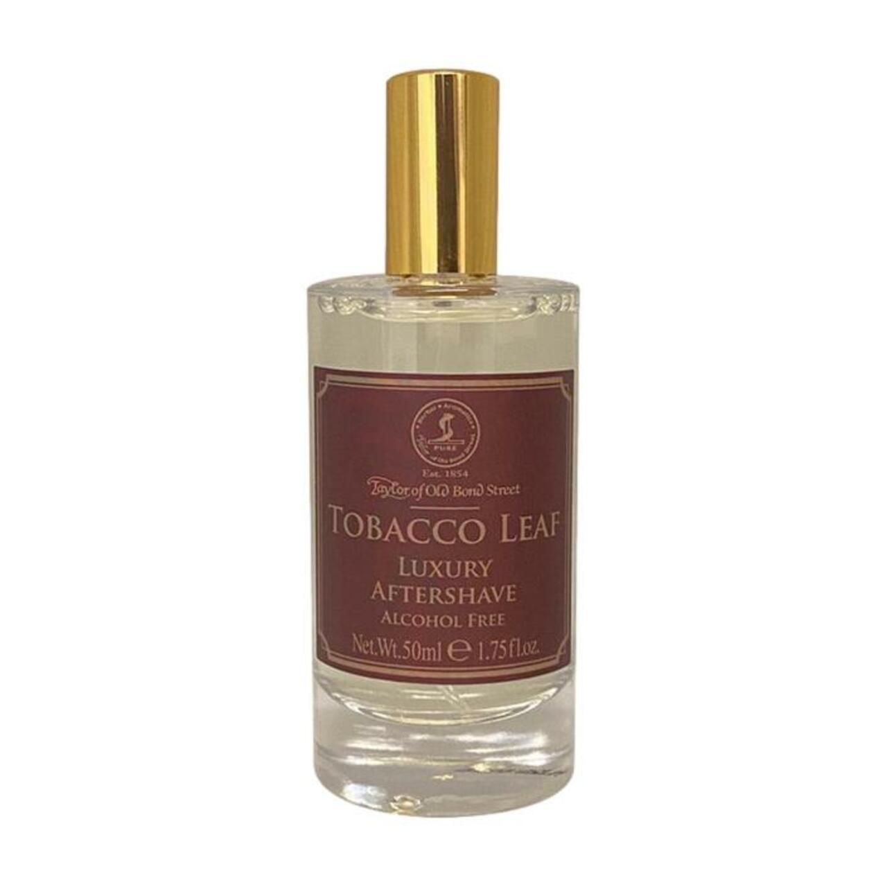 Aftershave-Flasche mit goldfarbenem Deckel. Etikett mit "Tobacco Leaf" und "Alcohol Free".