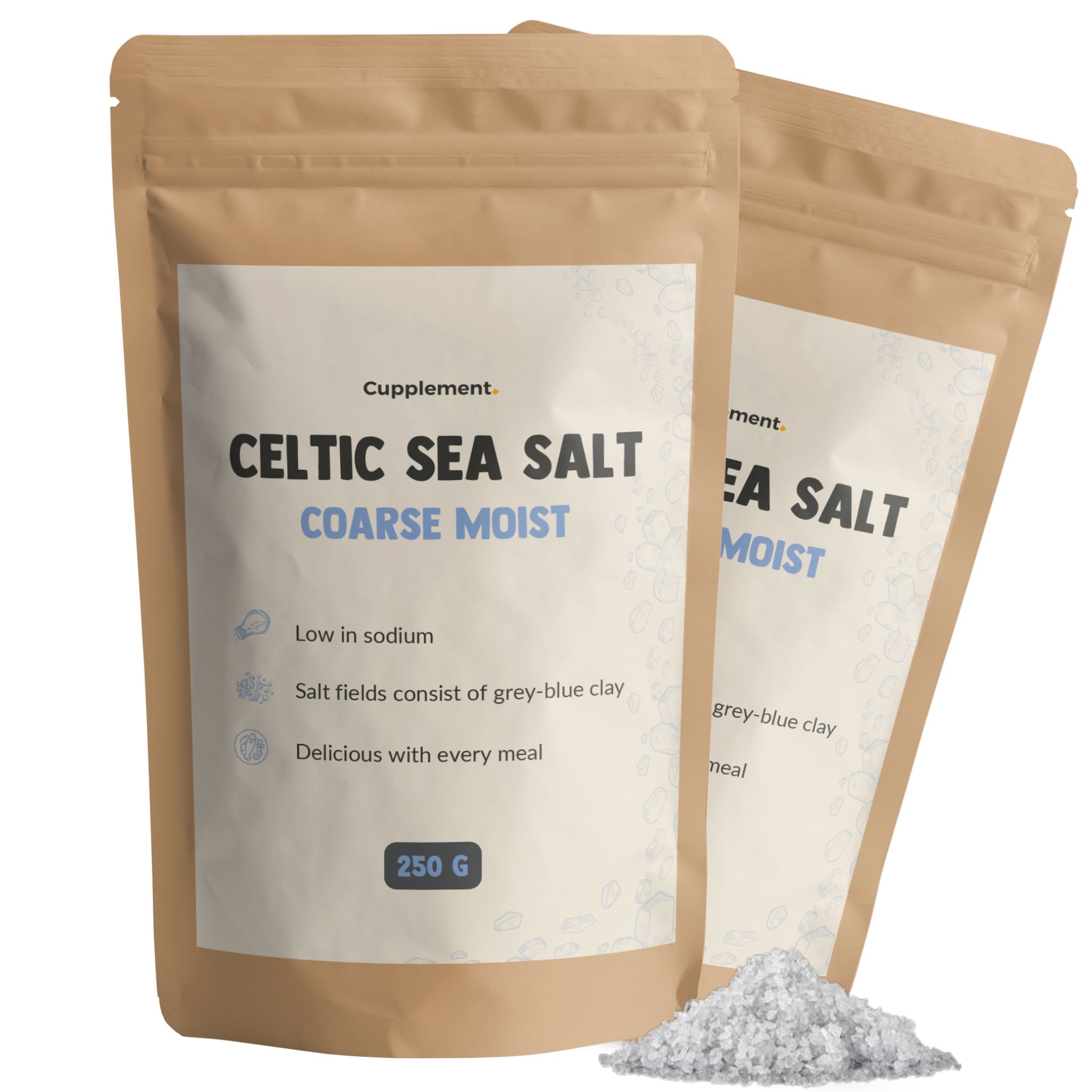 Zwei Beutel Cupplement® Keltisches Meersalz. Aufschrift: Celtic Sea Salt, Coarse Moist. 250g. Feuchtes, grobes Salz.