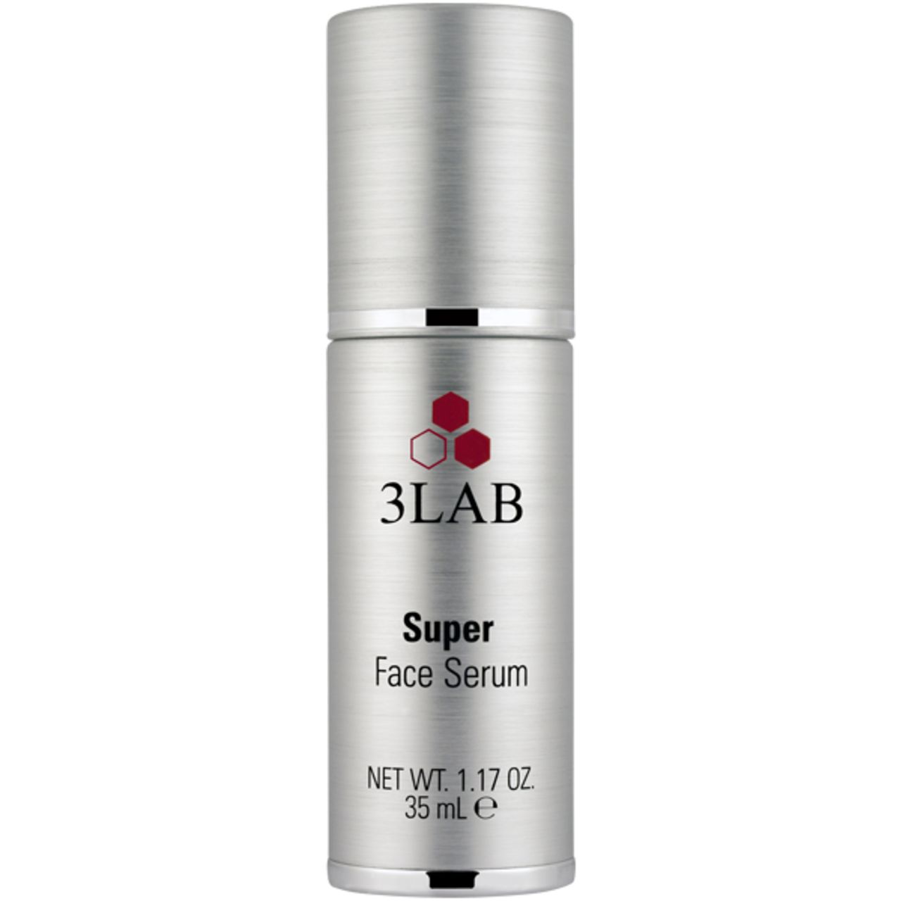 Zylindrische Flasche mit silberfarbenem Deckel. Aufschrift: 3LAB, Super Face Serum. Volumen: 35 ml.