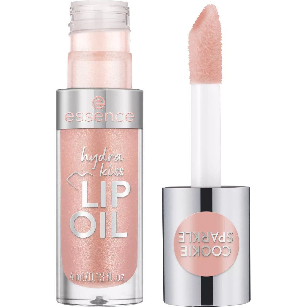 Essence Hydra Kiss Lip Oil mit Applikator, rosafarbener Glanz, silberner Deckel.