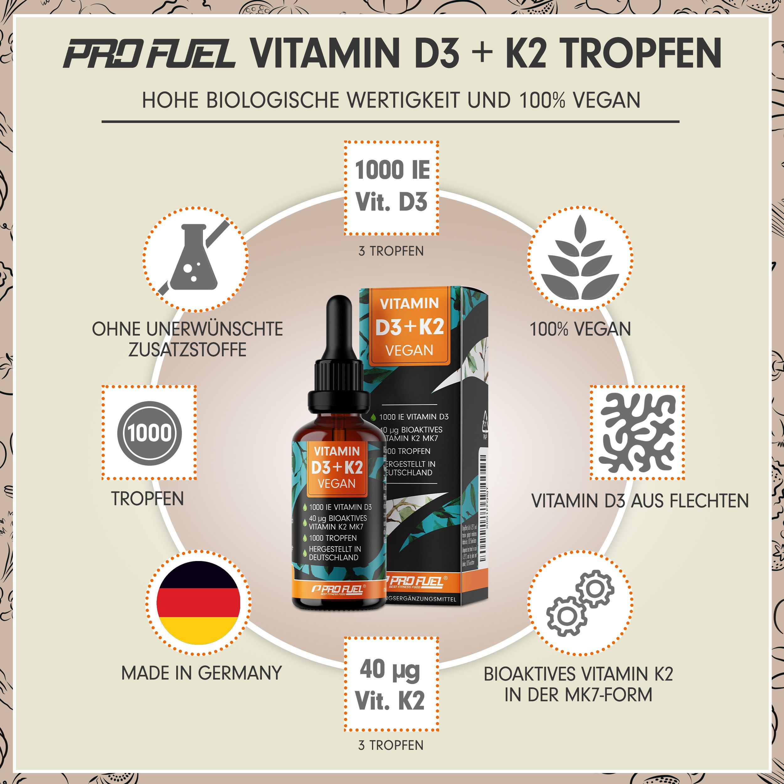 ProFuel - VITAMIN D3 + K2 VEGAN Tropfen - 1.000 IE Vitamin D3 + 40 mcg Vitamin K2 MK-7 (K2VITAL®)