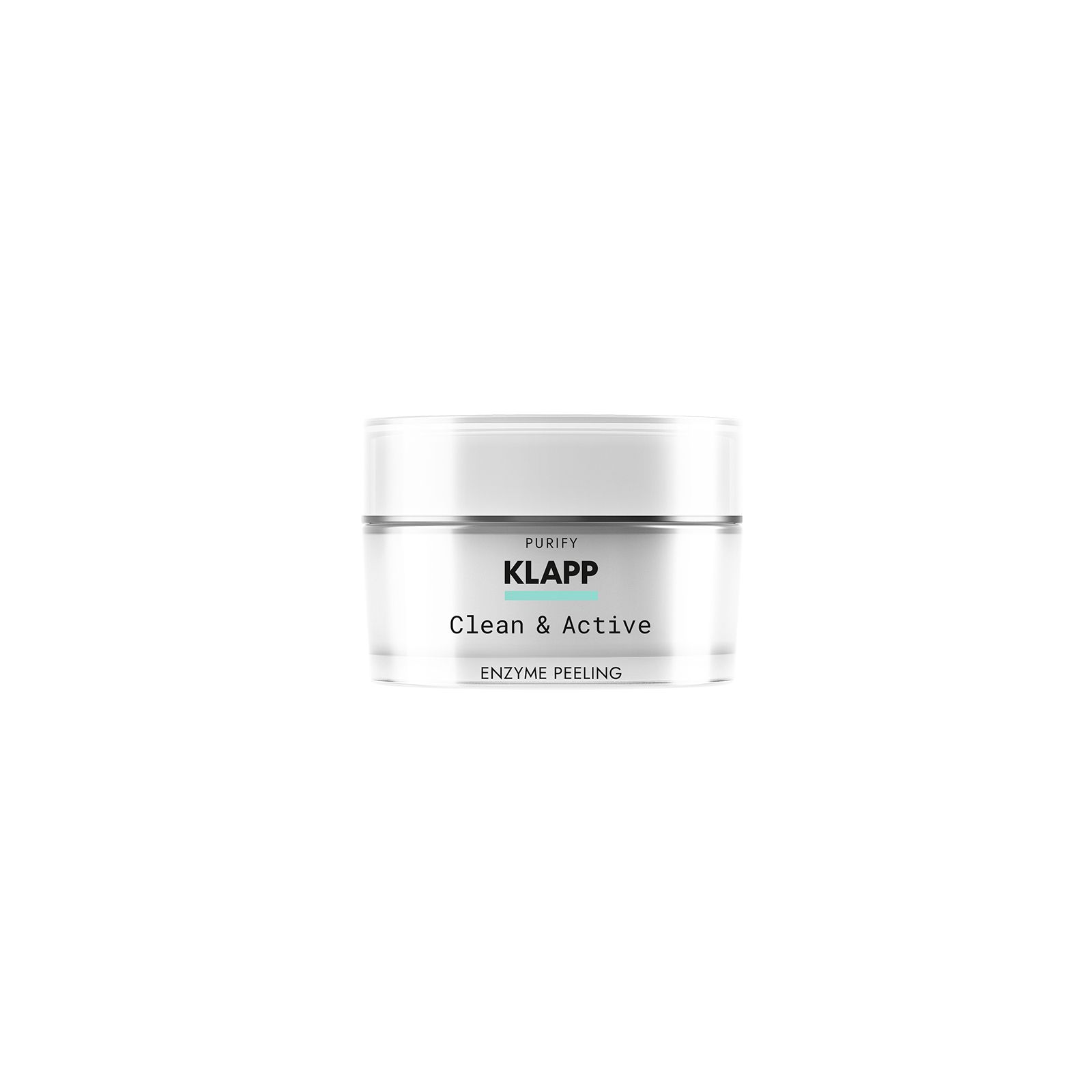 Klapp Clean & Active Enzyme Peeling in einem transparenten Tiegel mit weißem Deckel. Aufschrift: 50 ml e 1.7 FL.OZ.U.S. Logo Klapp.