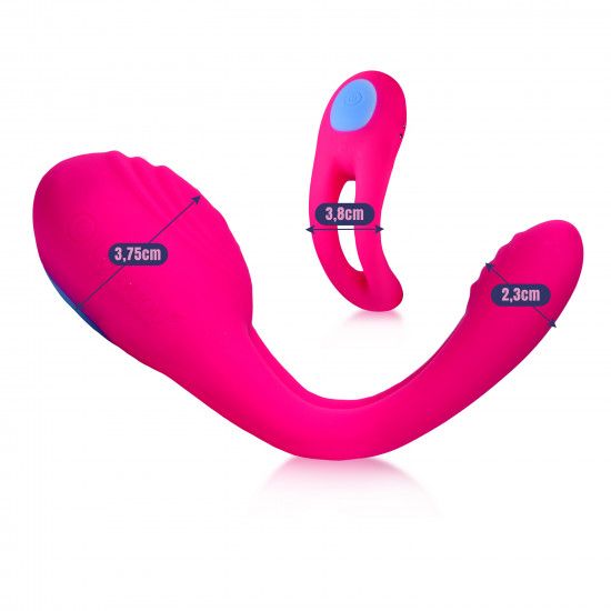 Pinkfarbener Vibrator mit blauen Akzenten. Maße: 3,75 cm, 3,8 cm und 2,3 cm. Ohne Fernbedienung.