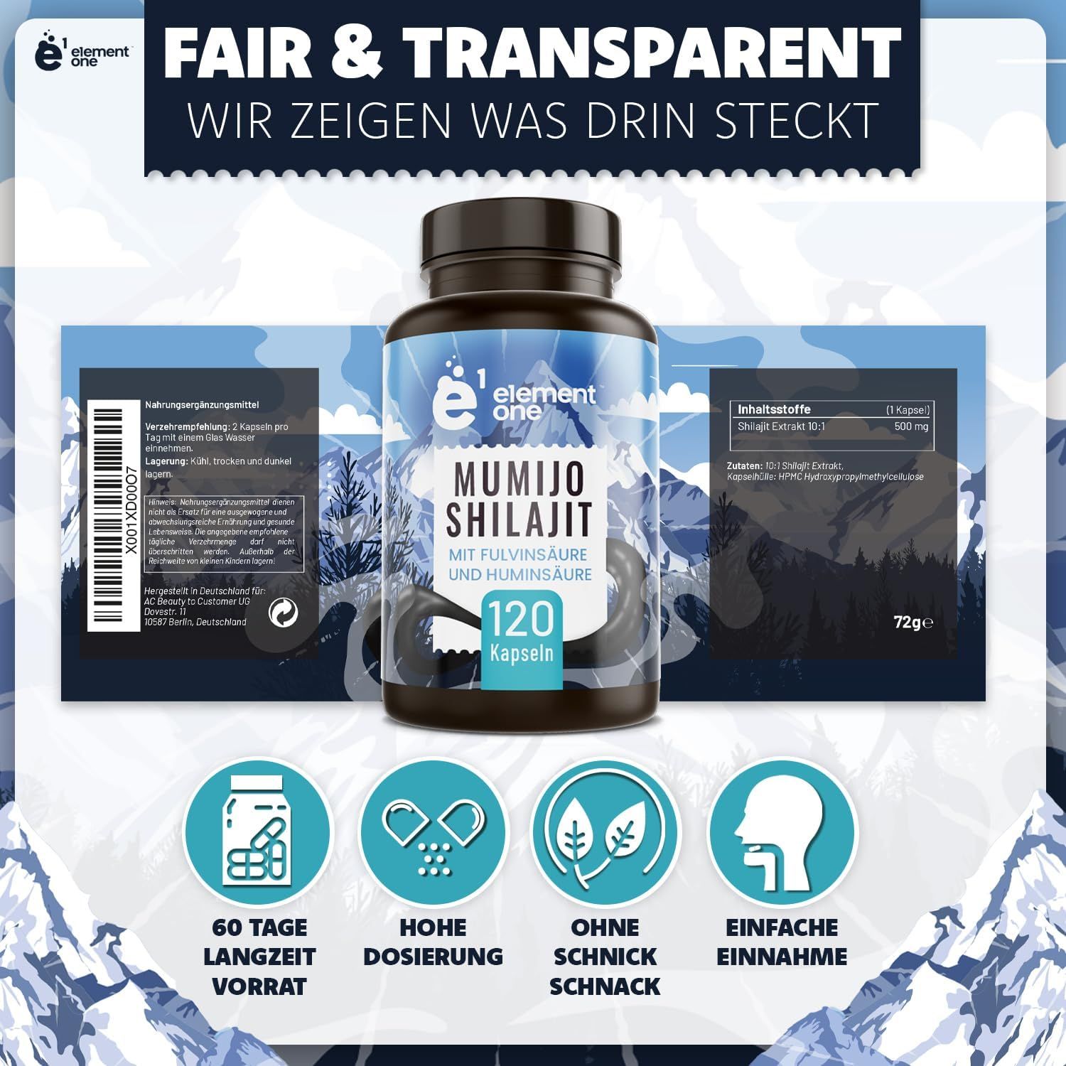 Element One Mumijo Shilajit Flasche mit 120 Kapseln. Rückseite mit Informationen. Zusätzliche Icons: 60 Tage Vorrat, hohe Dosierung, einfache Einnahme.