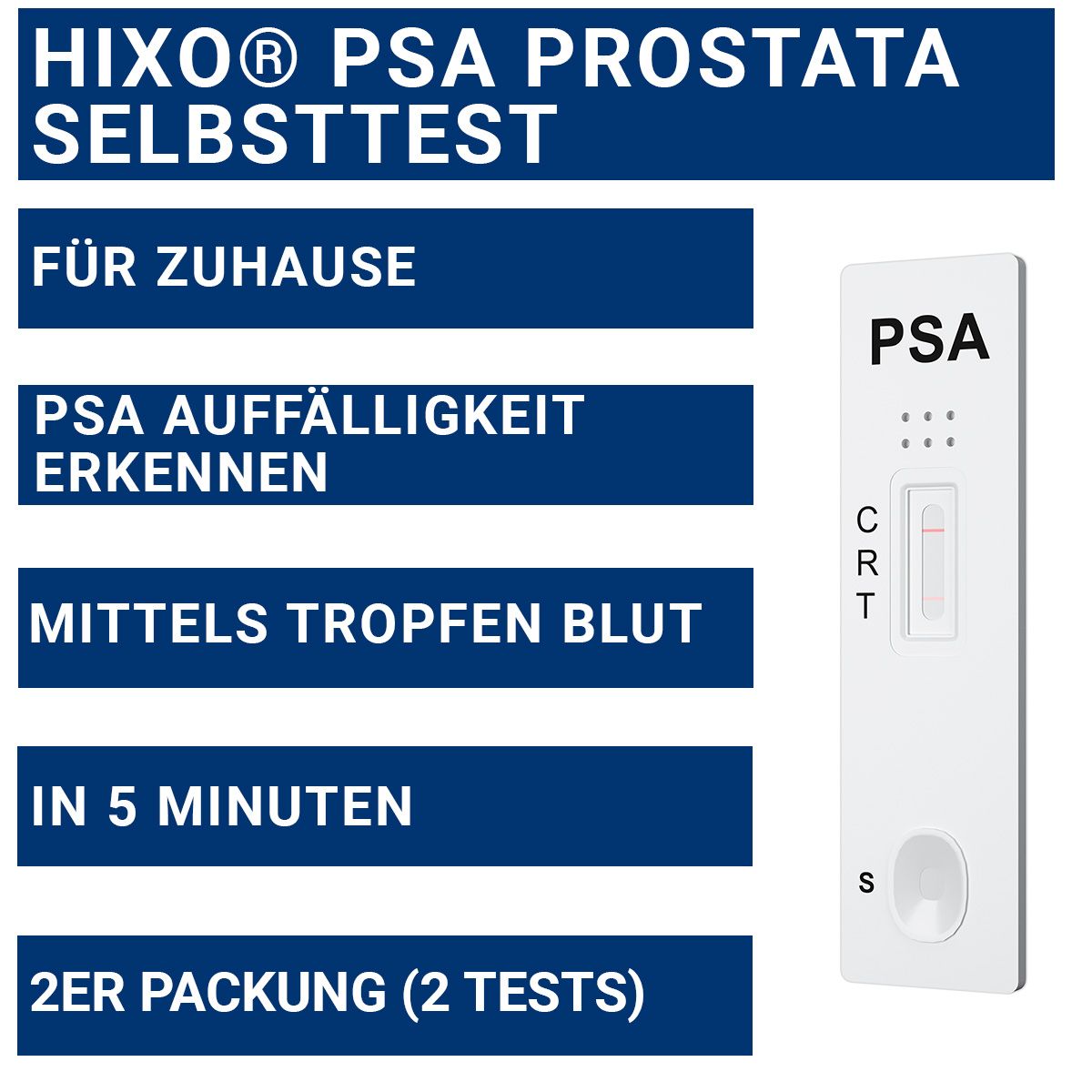PSA-Testkassette mit Ergebnisbereich. Text: PSA. HIXO PSA Prostata Selbsttest. 2er Packung (2 Tests).