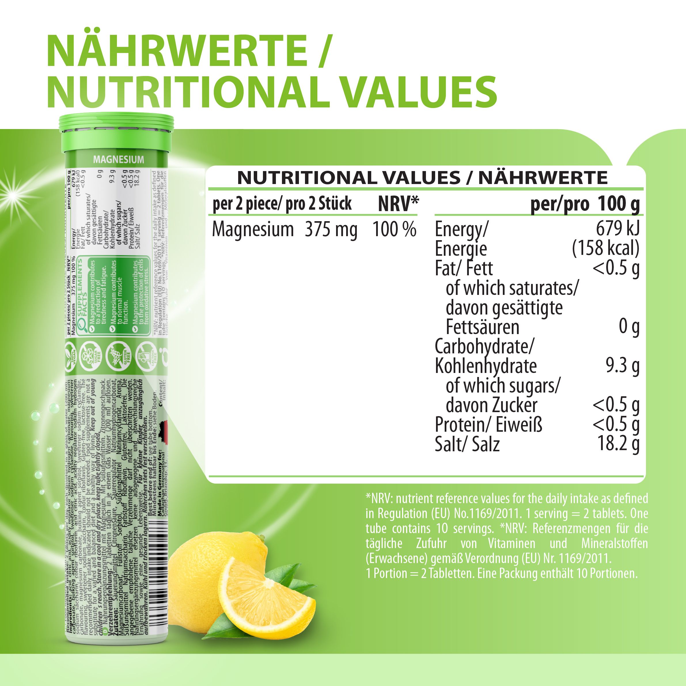 Nährwerttabelle für EVÄM Magnesium. Enthält Magnesium 375mg pro 2 Tabletten. Vegan, glutenfrei, laktosefrei, zuckerfrei.