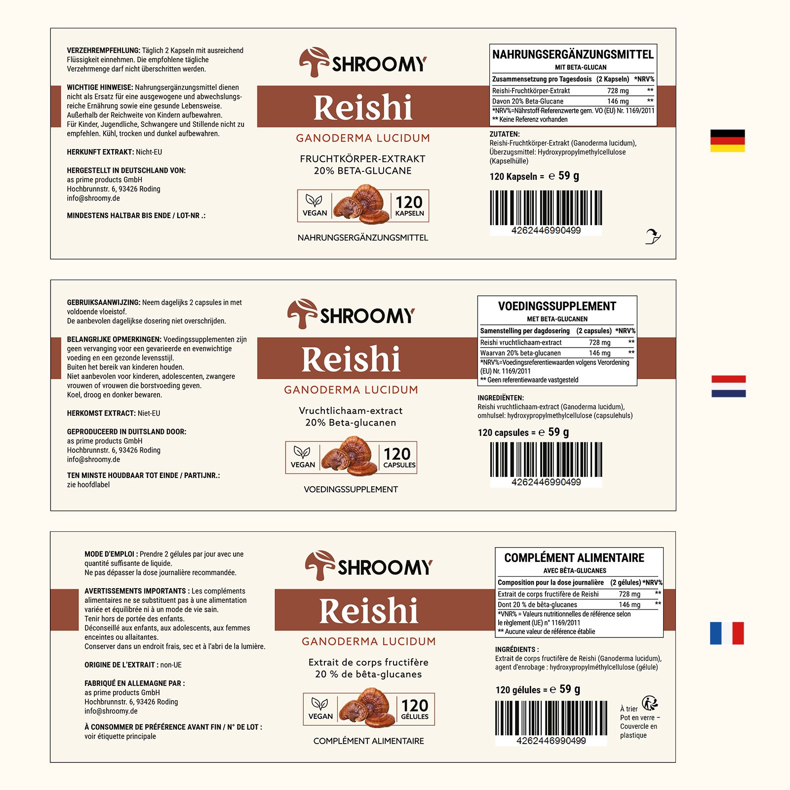Drei Etiketten von SHROOMY Reishi Kapseln in Deutsch, Niederländisch und Französisch. Informationen zu Inhaltsstoffen und Dosierung.