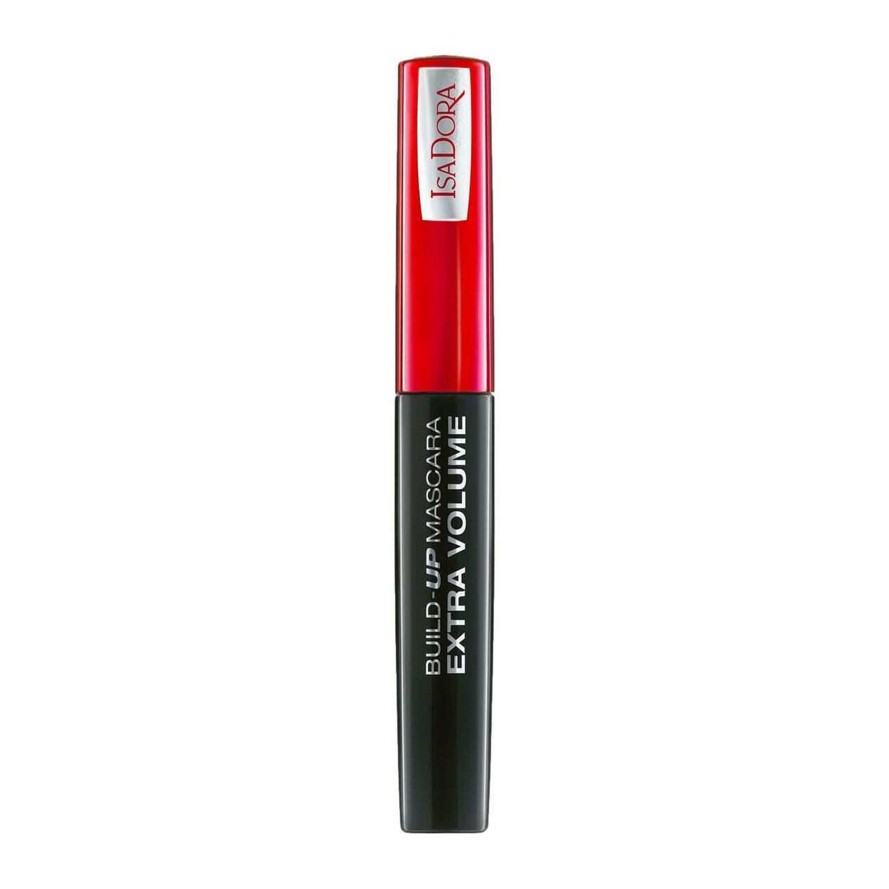 Schwarze Mascara-Tube mit rotem Deckel. Schriftzug: IsaDora, BUILD-UP MASCARA EXTRA VOLUME.