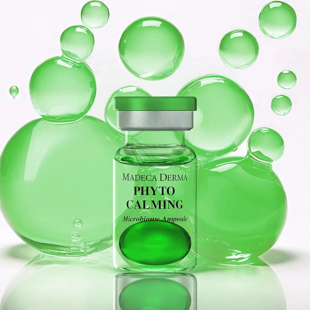 Glasampulle mit grünem Inhalt, umgeben von grünen Blasen. Beschriftung: MADECA DERMA, PHYTO CALMING, Microbiome Ampoule.