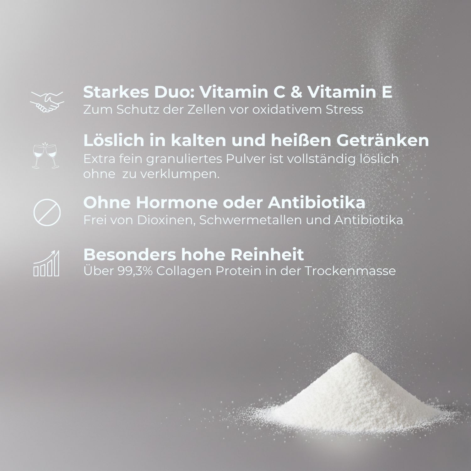 Weißes Pulver rieselt. Text: Starkes Duo: Vitamin C & E. Löslich in kalten und heißen Getränken. Ohne Hormone oder Antibiotika. Hohe Reinheit.