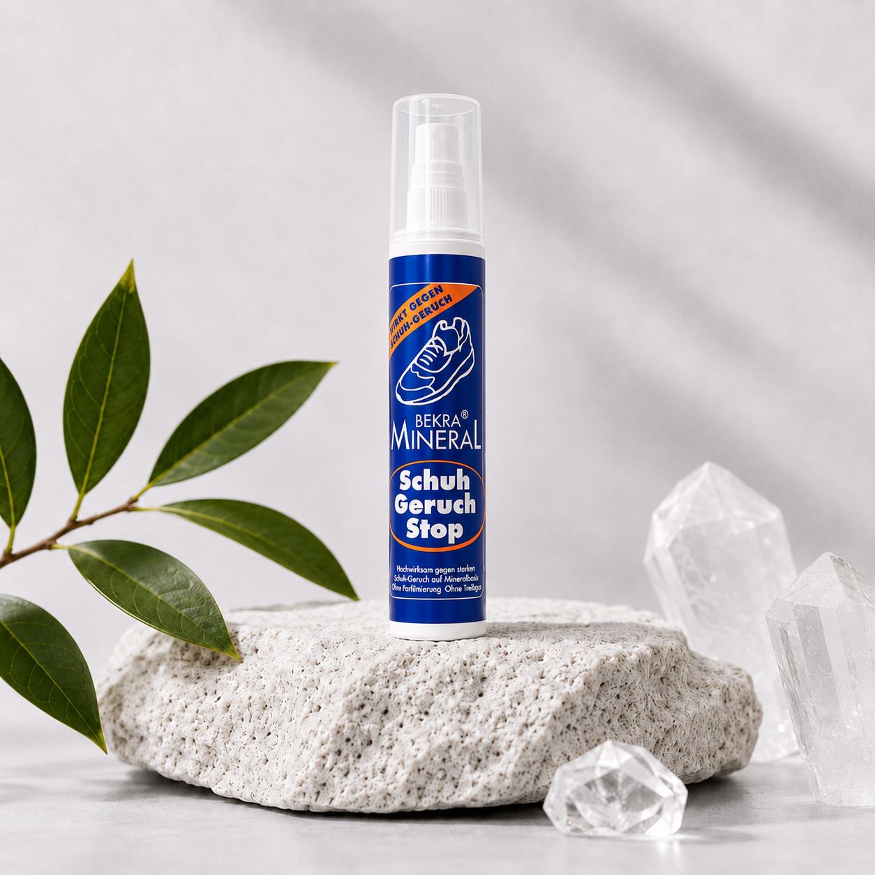 BEKRA Mineral Schuhgeruch Stop Sprayflasche auf Stein, dekoriert mit Pflanzen und Kristallen. Pumpsprühkopf sichtbar.