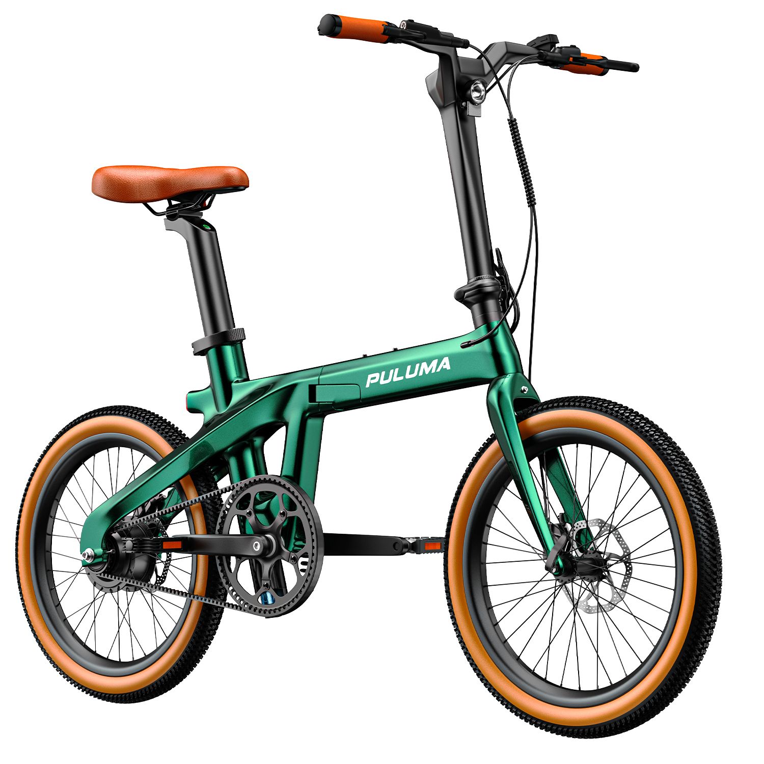 Grünes Faltrad mit braunem Sattel und Reifen. Marke PULUMA.
