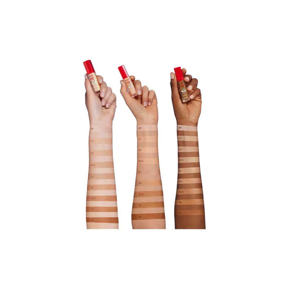 Drei Arme mit Concealer-Farbtönen. Die Farbtöne sind auf den Armen aufgetragen und nummeriert.