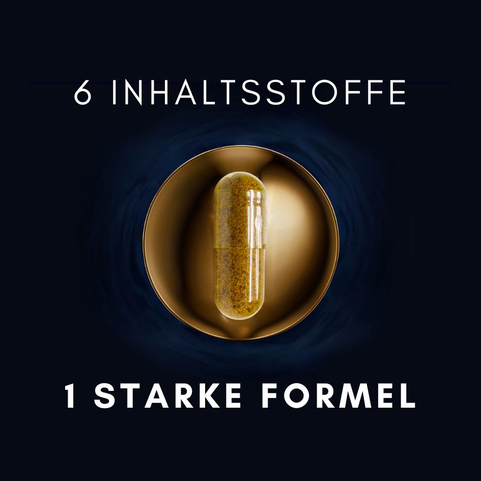Eine Kapsel in einer goldenen Schale. Text: 6 INHALTSSTOFFE, 1 STARKE FORMEL.