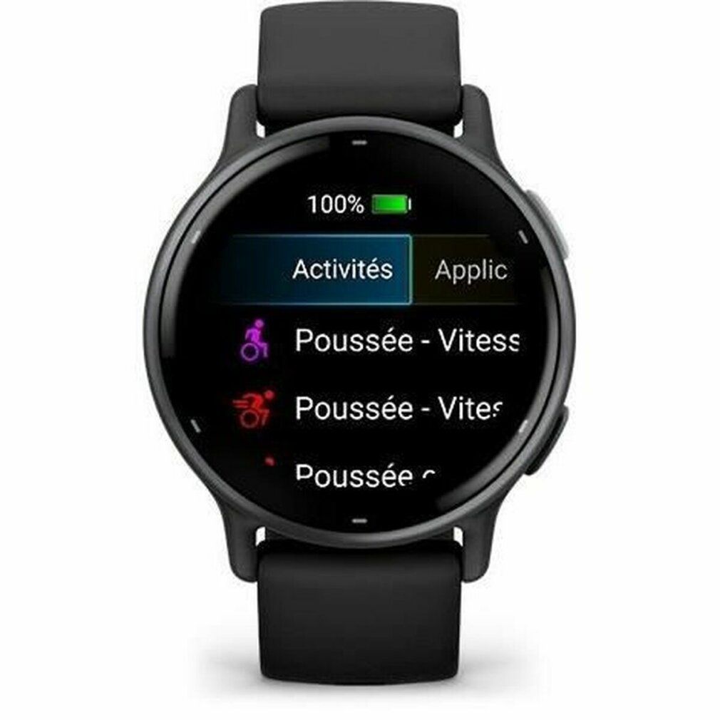 Schwarze Smartwatch mit Display. Menü mit Aktivitäts- und App-Optionen. Schwarzes Armband. Grauer Bandhalter. Garmin-Logo.
