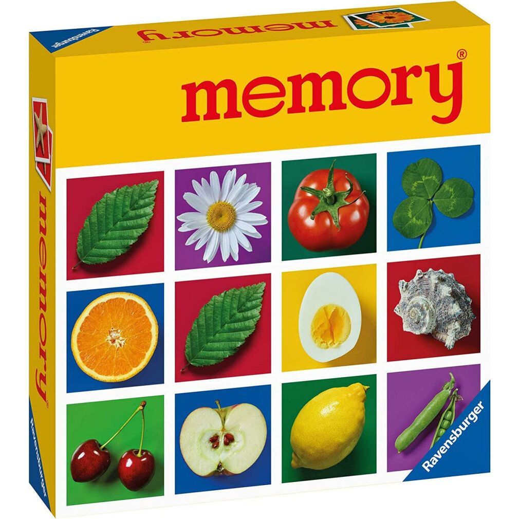 Gelbe Schachtel mit "memory"-Schriftzug. 12 quadratische Karten mit Bildern von Lebensmitteln und Natur. Ravensburger-Logo.