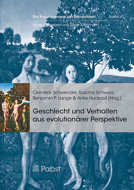 Buchcover: "Die Psychogenese der Menschheit". Titel, Autoren, und Verlag Pabst. Illustrationen mit Figuren und Bäumen.