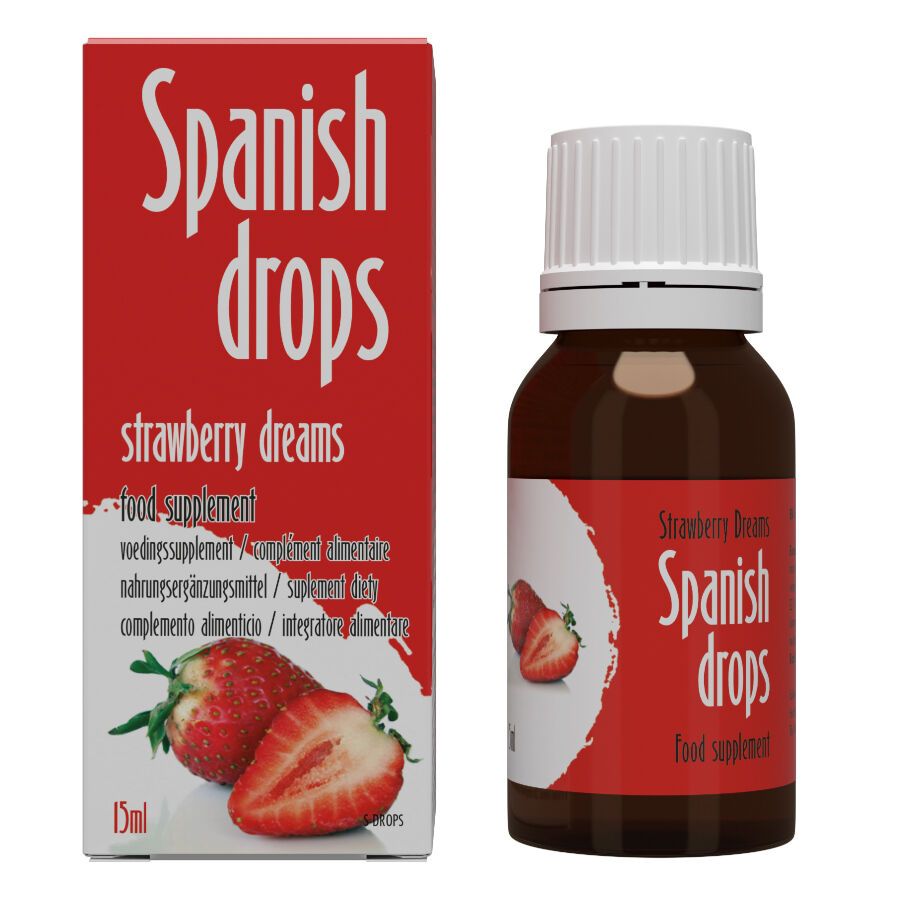Rote Schachtel und Flasche. Aufschrift: Spanish drops, Strawberry Dreams. 15ml. Abgebildet: Erdbeeren.