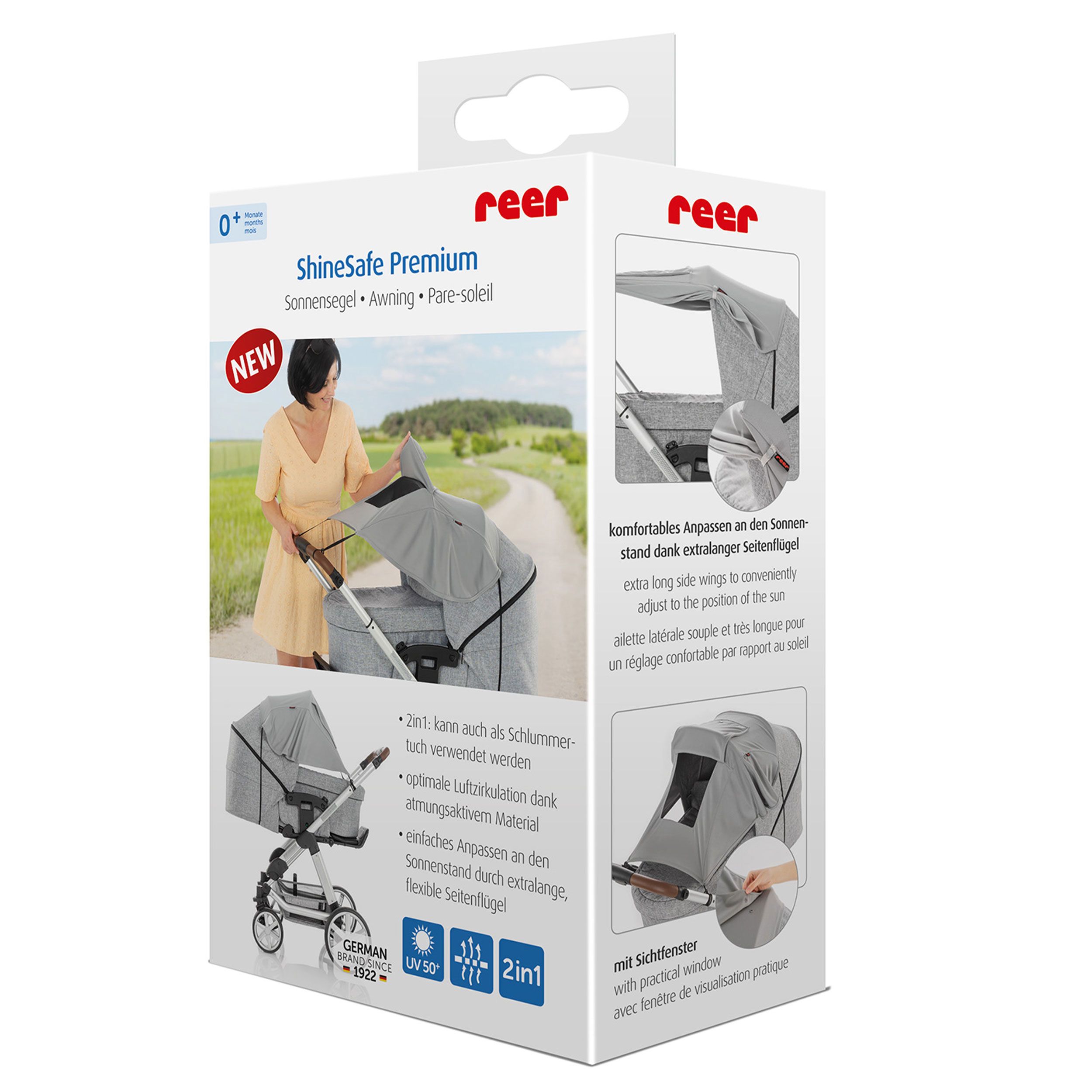 Reer ShineSafe Premium Sonnensegel für Kinderwagen, grau, mit Fenster.