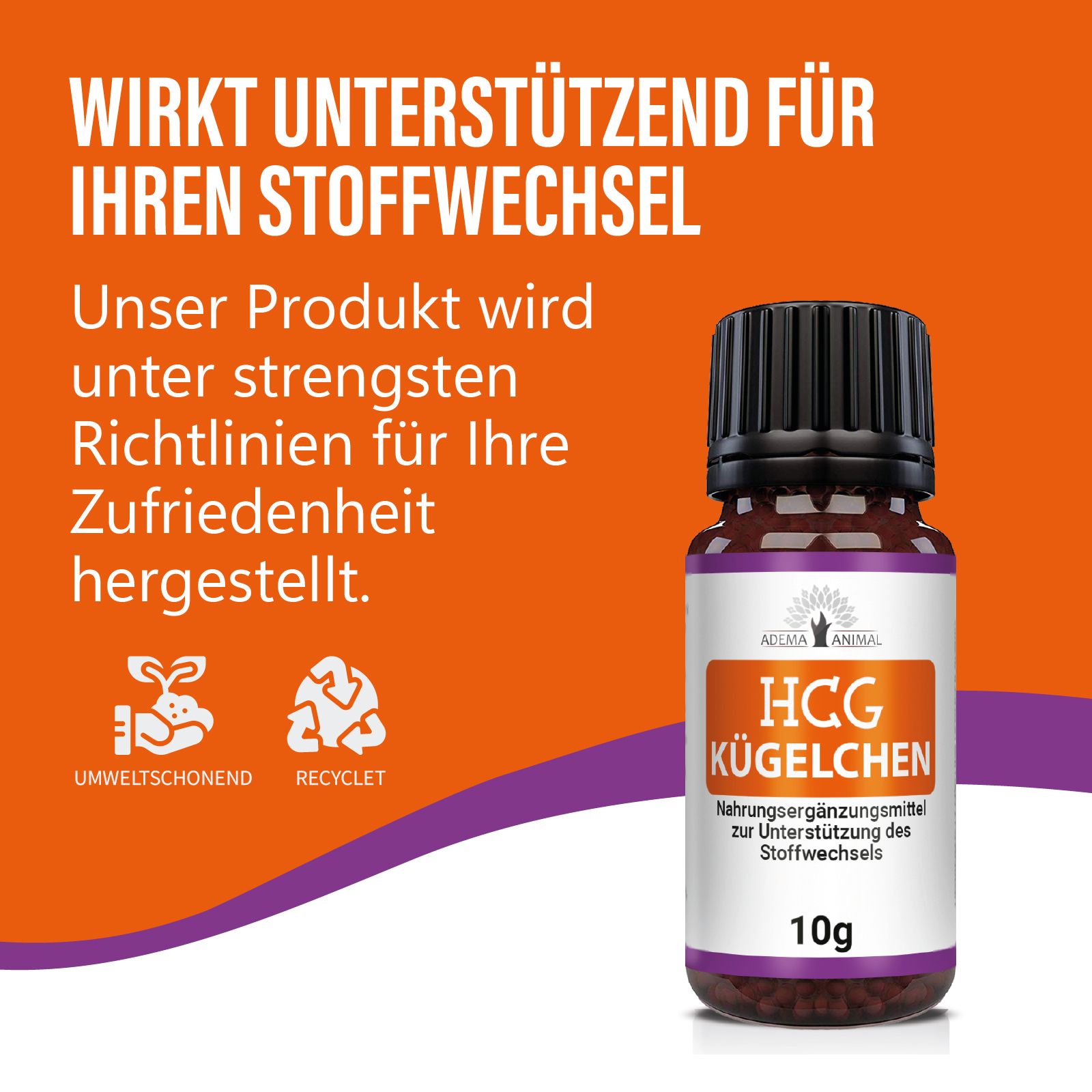 Braune Glasflasche mit schwarzem Deckel. Etikett "HCG Kügelchen" und "10g". Text: Umweltfreundlich, recyclebar.