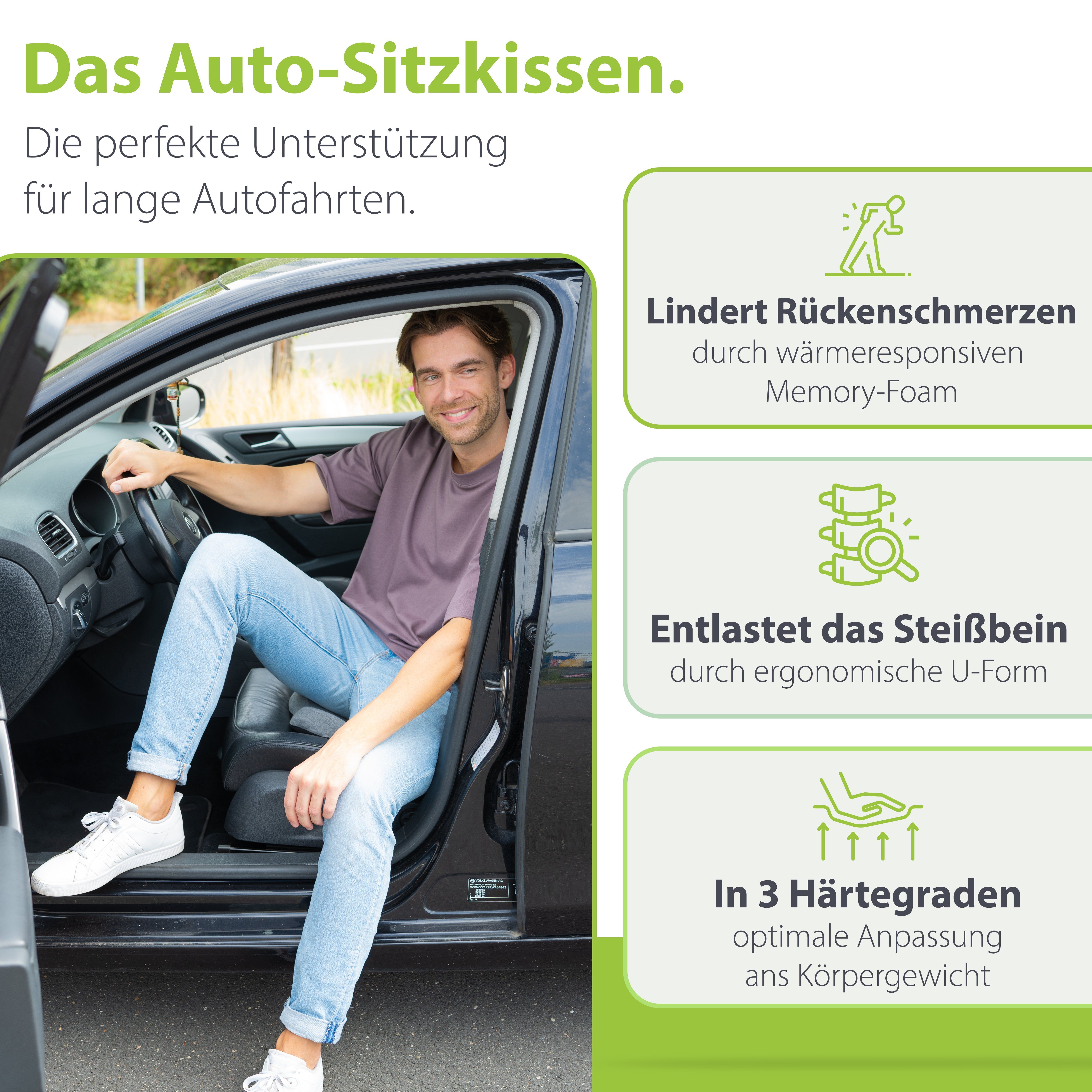 Mann im Auto mit Auto-Sitzkissen. Text: Lindert Rückenschmerzen, entlastet das Steißbein, in 3 Härtegraden.