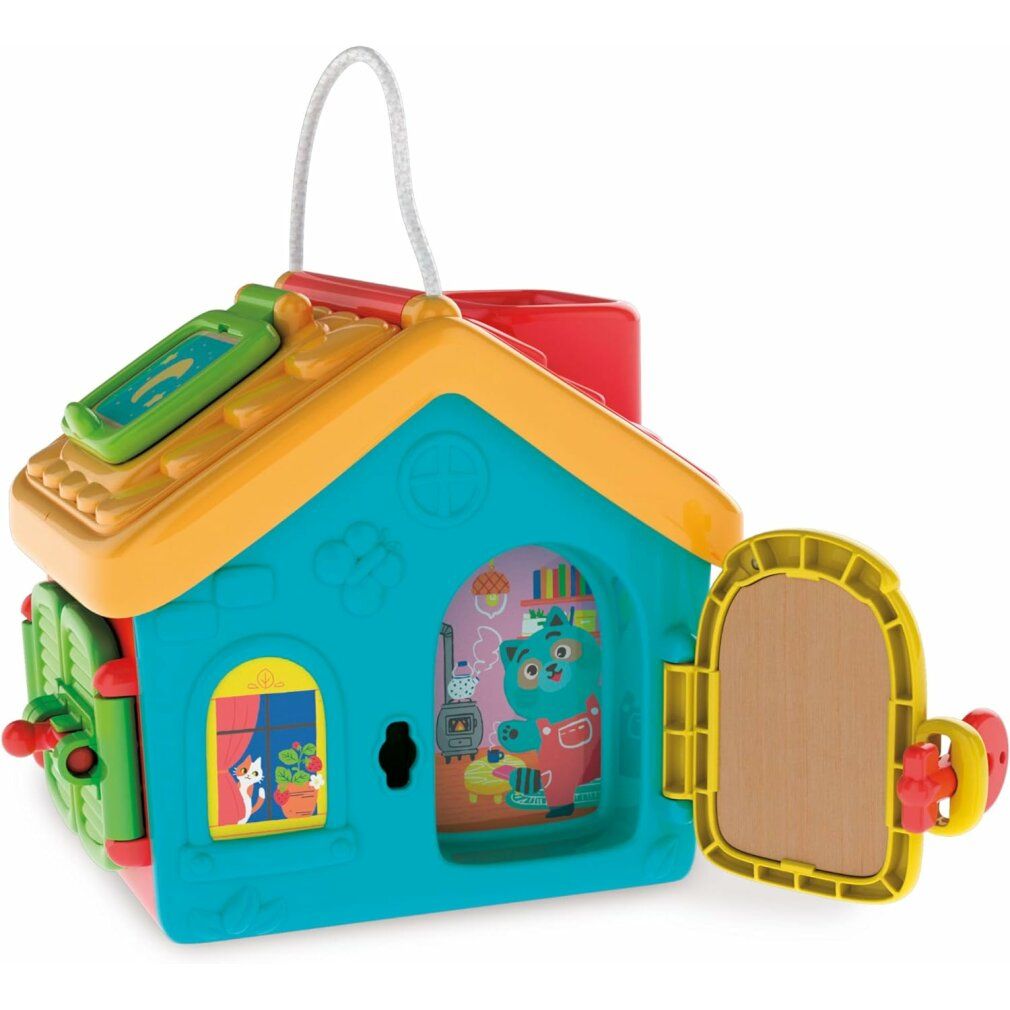 Spielhaus mit geöffneter Tür und Fenster. Mehrfarbiges Design. Innenansicht mit Illustrationen. Griff oben.