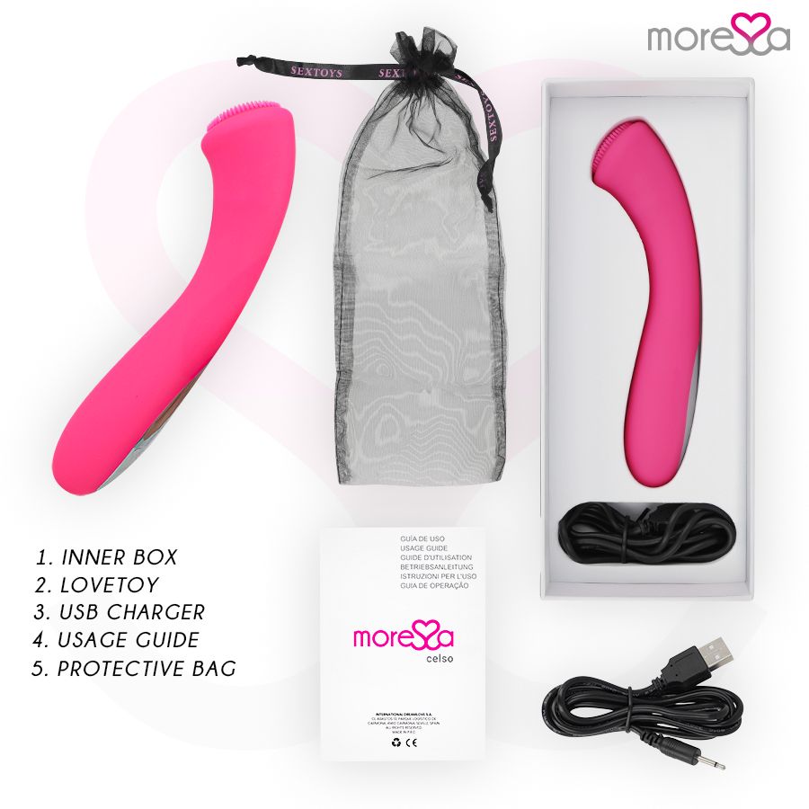 Produkt, Schutzbeutel, USB-Kabel, Ladegerät und Gebrauchsanweisung. Marke: Moressa.