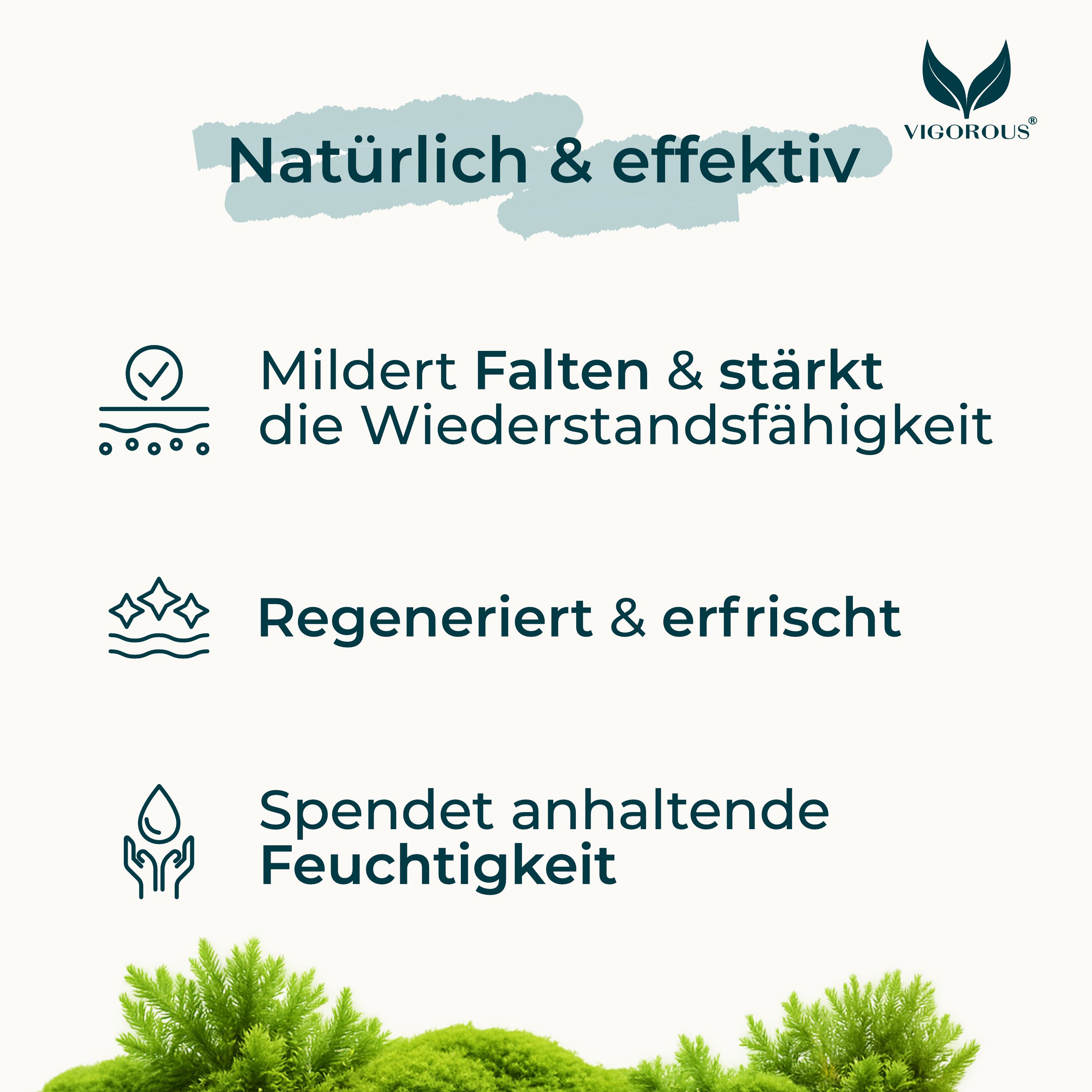 Grafik mit Text: Mildert Falten & stärkt die Widerstandsfähigkeit. Regeneriert & erfrischt. Spendet anhaltende Feuchtigkeit.