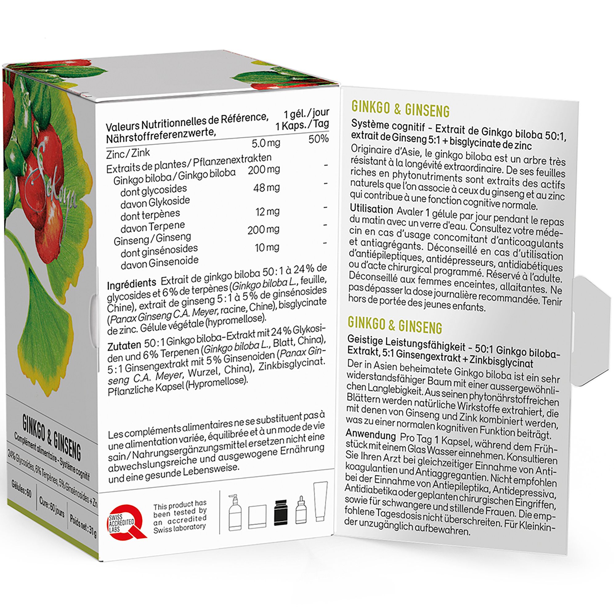 Verpackung für Ginkgo & Ginseng Kapseln mit Nährwertangaben und Zutatenliste.