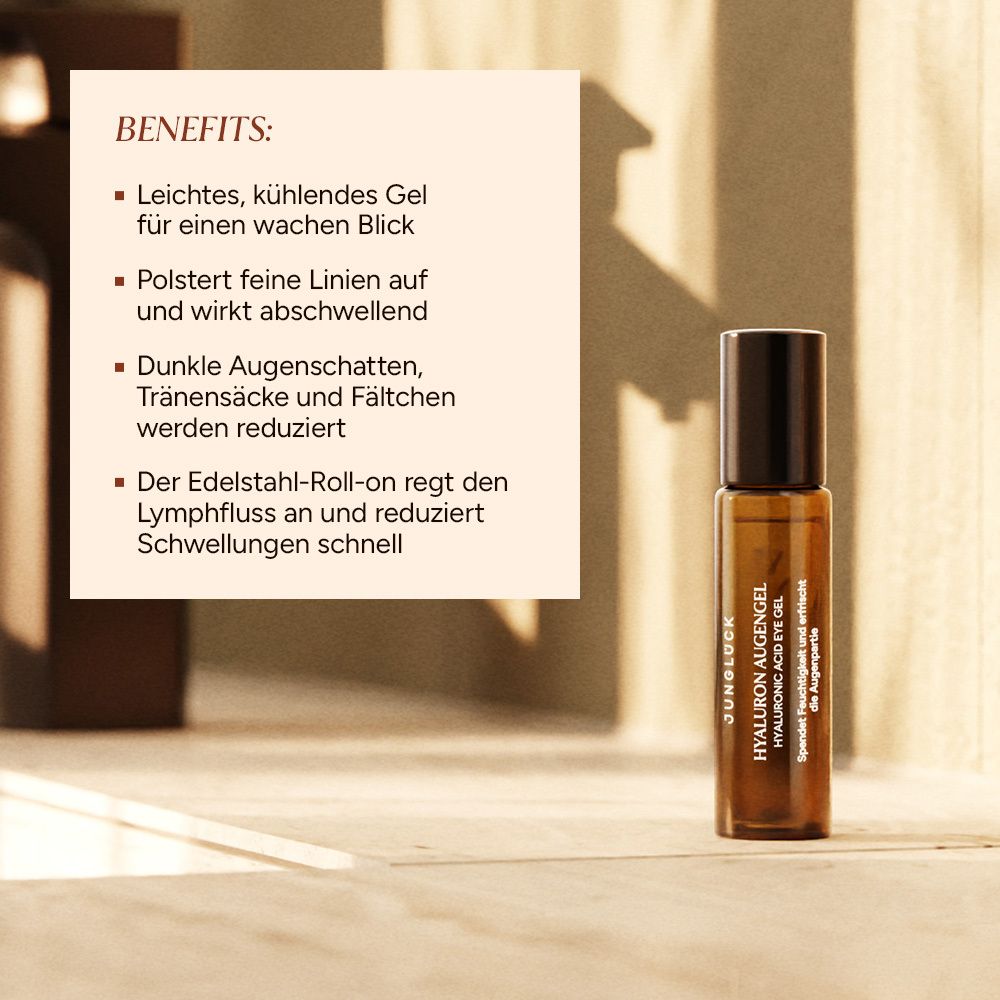 Produkt neben Textfeld mit Vorteilen: leichtes Gel, polstert feine Linien, reduziert Schatten und Schwellungen.