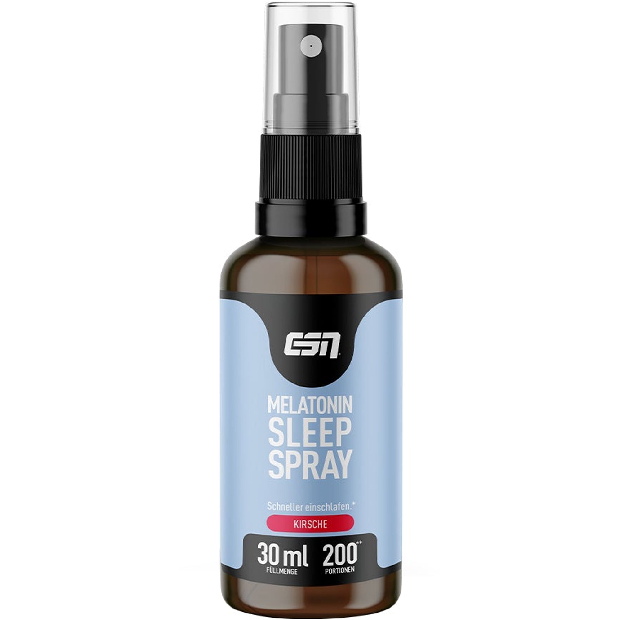 Braune Flasche mit Sprühkopf. Aufschrift: Melatonin Sleep Spray, Kirsche. Blaue und rote Etiketten. Marke ESN.