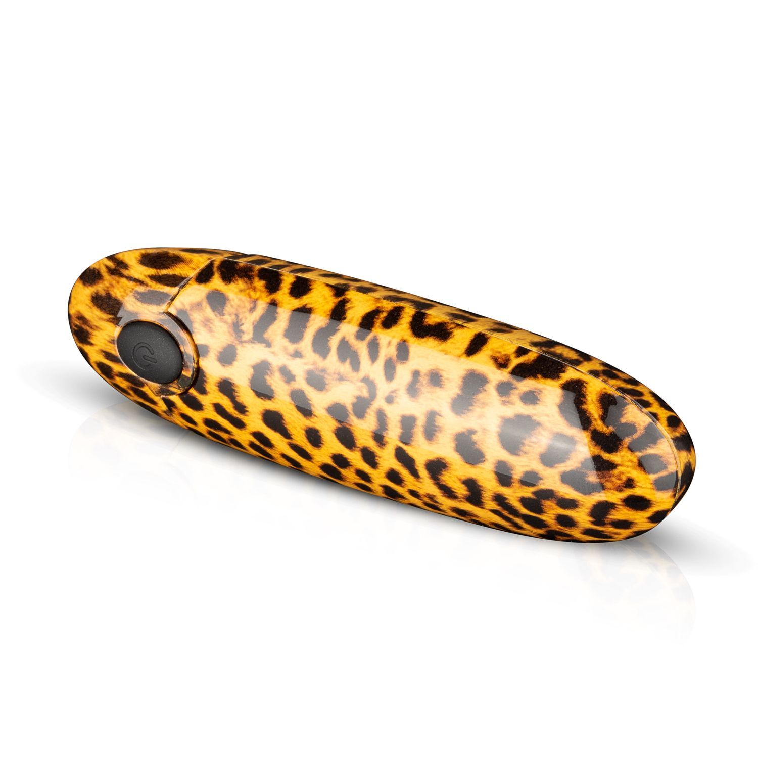 Vibrator mit Leopardenmuster. Ovale Form. Schwarzer Knopf. Auf weißem Hintergrund.