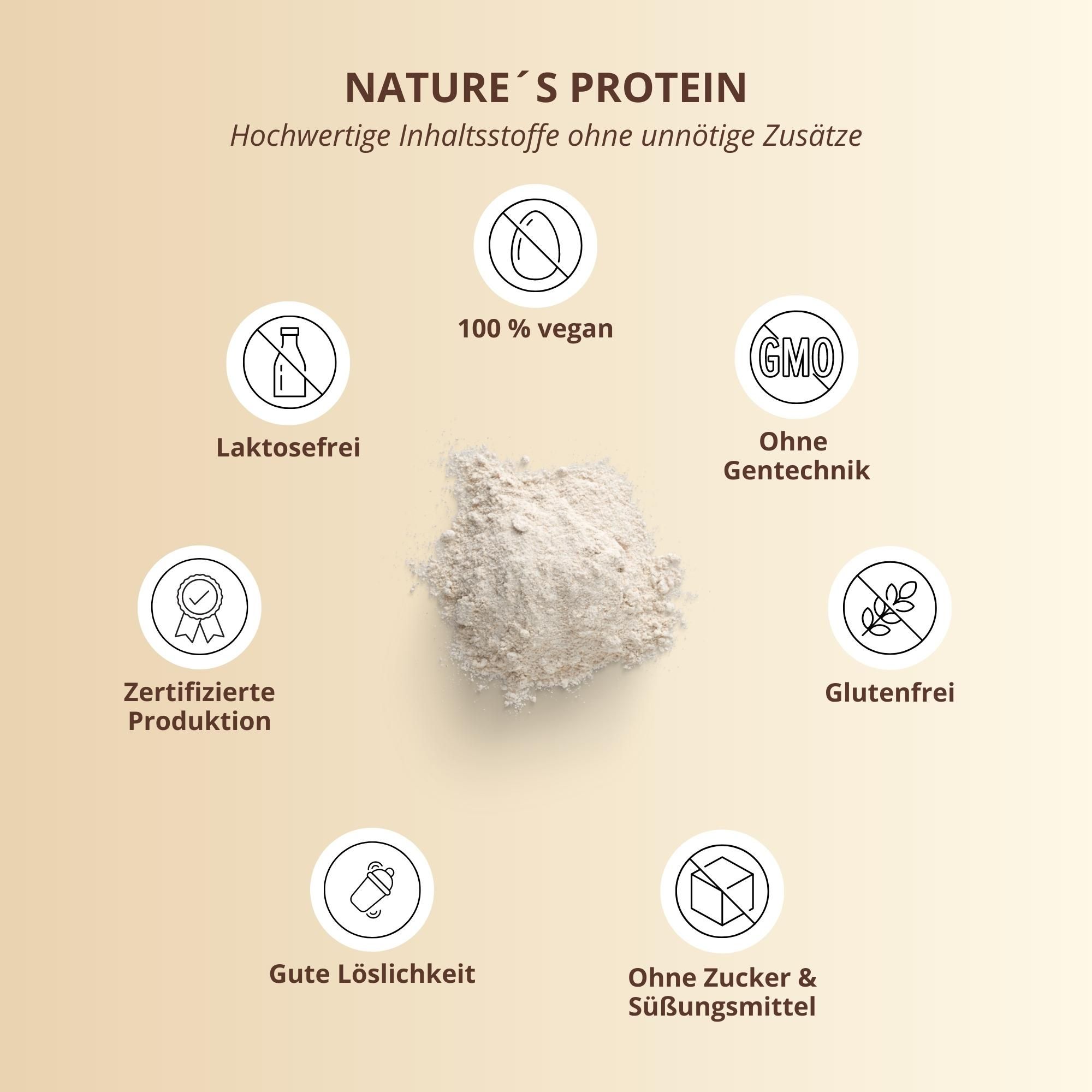 Kreisförmige Symbole mit Text. '100% vegan', 'Laktosefrei', 'Ohne Gentechnik', 'Glutenfrei', 'Zertifizierte Produktion', 'Gute Löslichkeit'.