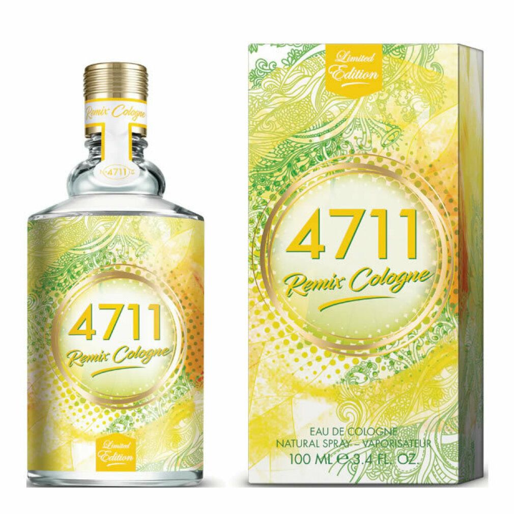 Flacone in vetro e scatola con motivo giallo-verde. Scritta: 4711 Remix Cologne. Edizione limitata.