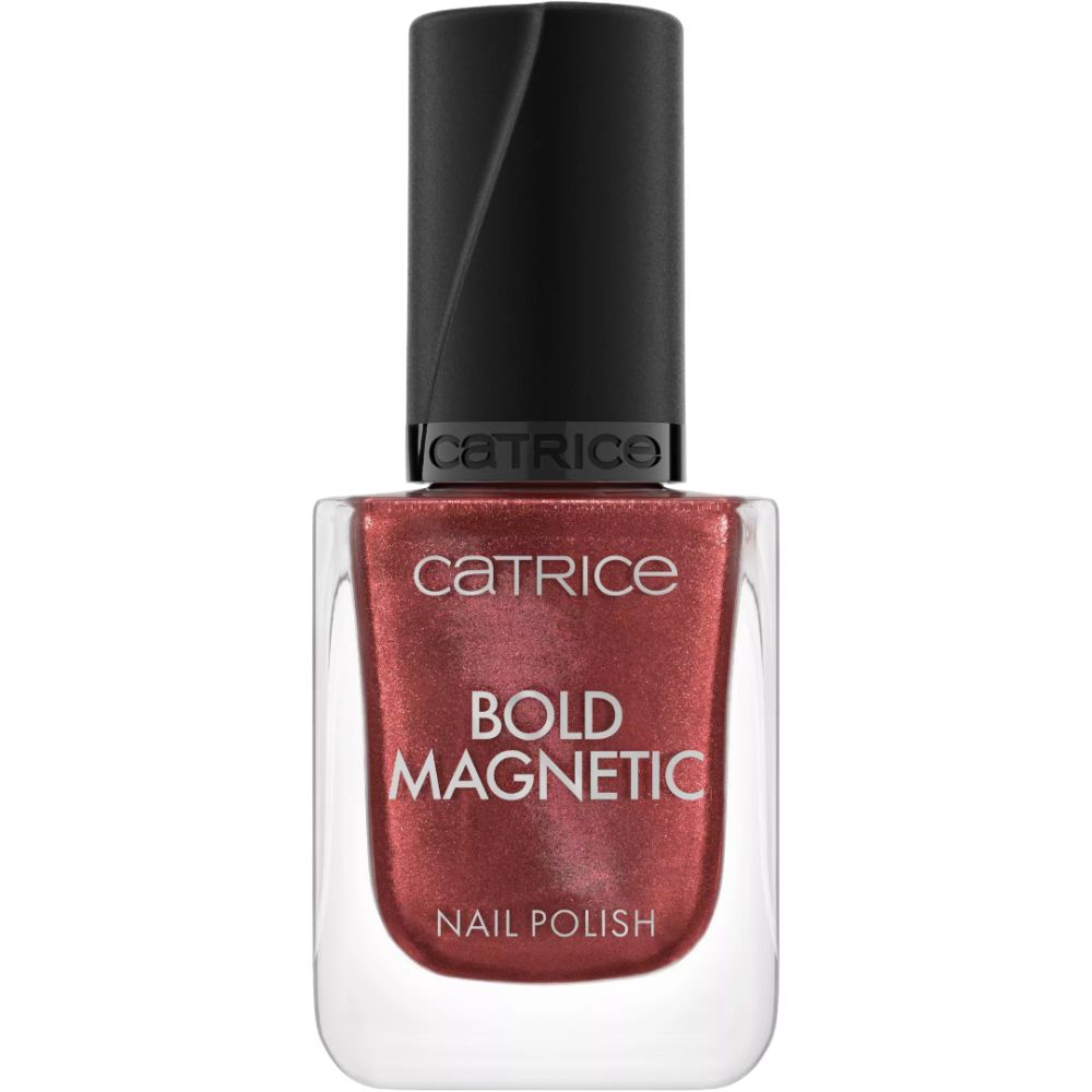 Catrice Bold Magnetic Nagellack, rotbraun. Quadratische Glasflasche mit schwarzem Deckel. Aufschrift: Bold Magnetic Nail Polish.