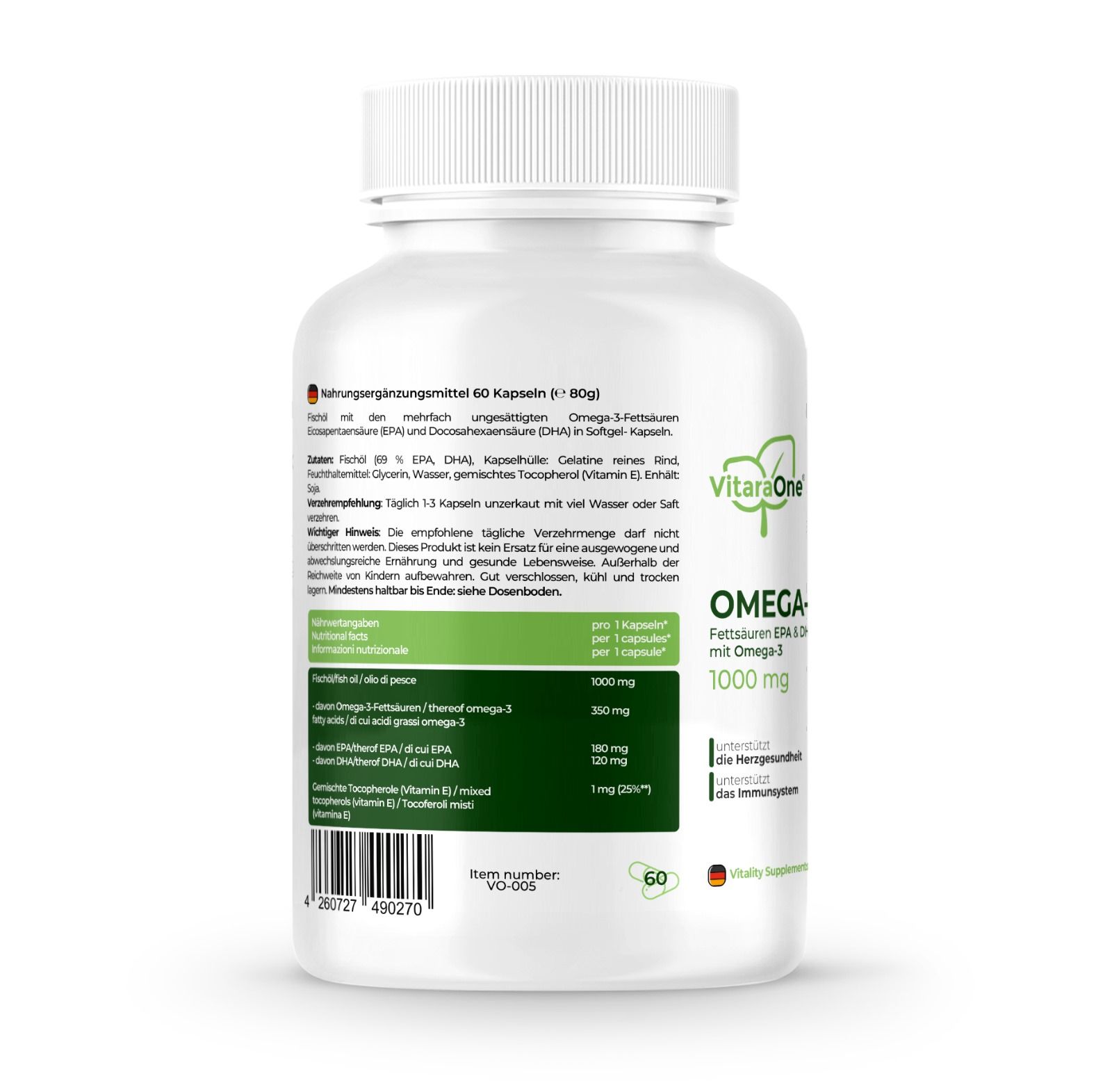 Rückseite der Flasche mit Omega-3 Kapseln. Text in Deutsch. Enthält Informationen zu Inhaltsstoffen und Dosierung.