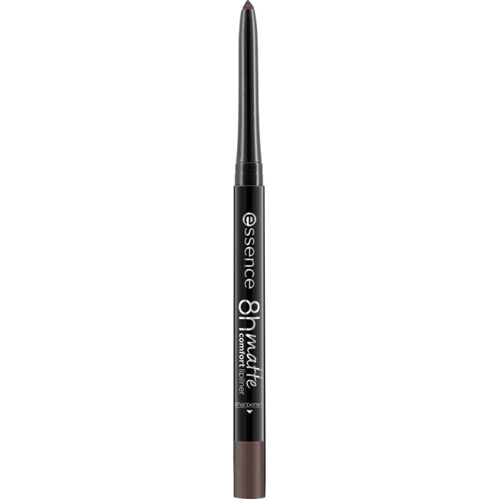 Lippenstiftstift mit schwarzem Gehäuse. Aufschrift: Essence, 8h matte comfort. Spitze ausgefahren.