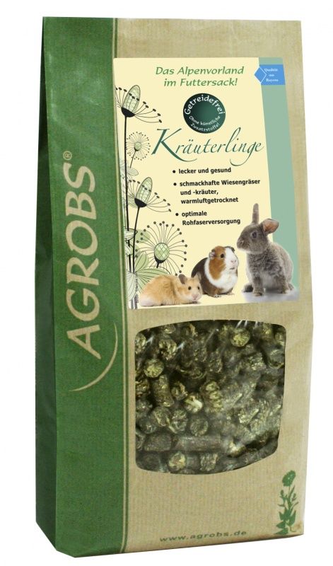 Beutel mit Kräuterlinge. Sichtfenster zeigt grüne Pellets. Logo Agrobs. Text: Getreidefrei, Kräuterlinge, lecker und gesund.
