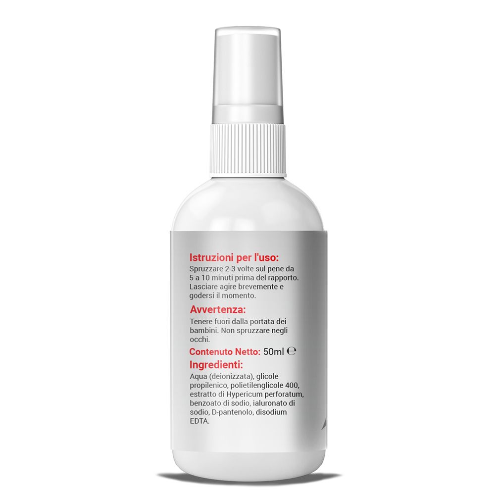 Flacone spray bianco con testo e ingredienti. Contiene 50 ml.