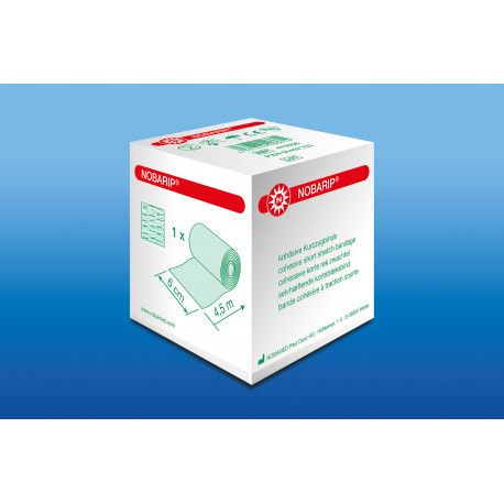 Verpackung von NOBARIP kohäsive Kurzzugbinde. Box mit Produktabbildung und Angaben zu Größe und Inhalt.